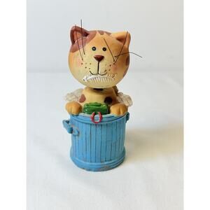 Whimsical Cat Figurine In Bucket Bobble Head